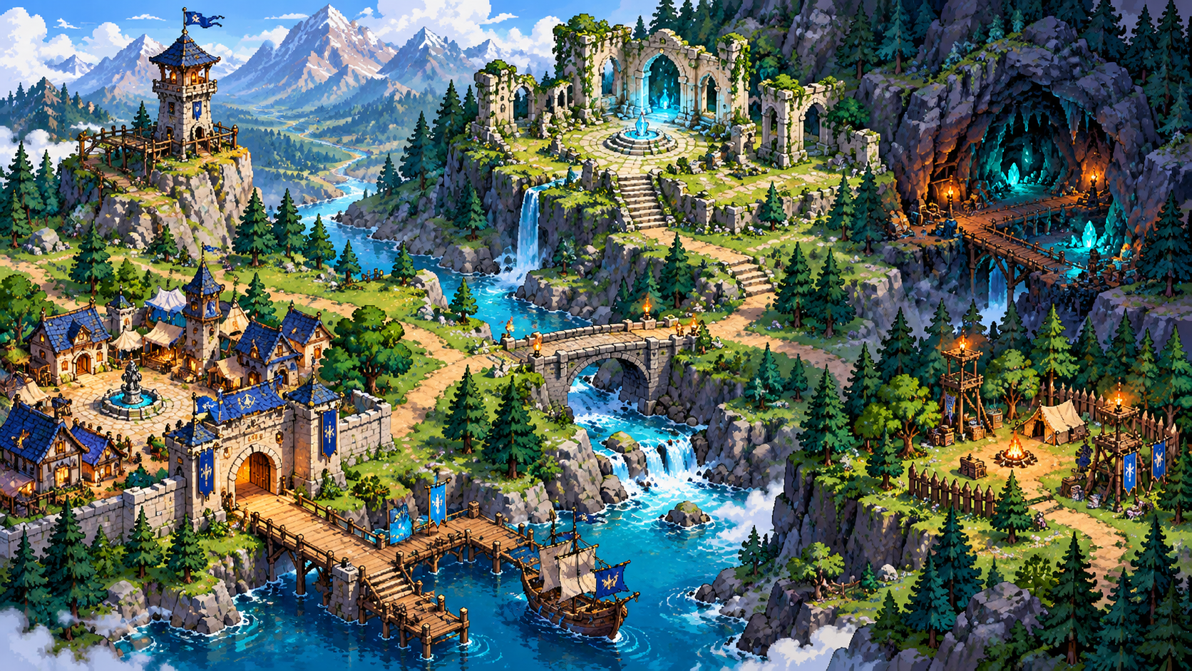 Fantasy ruins, settlements, caves, and paths spread across a region