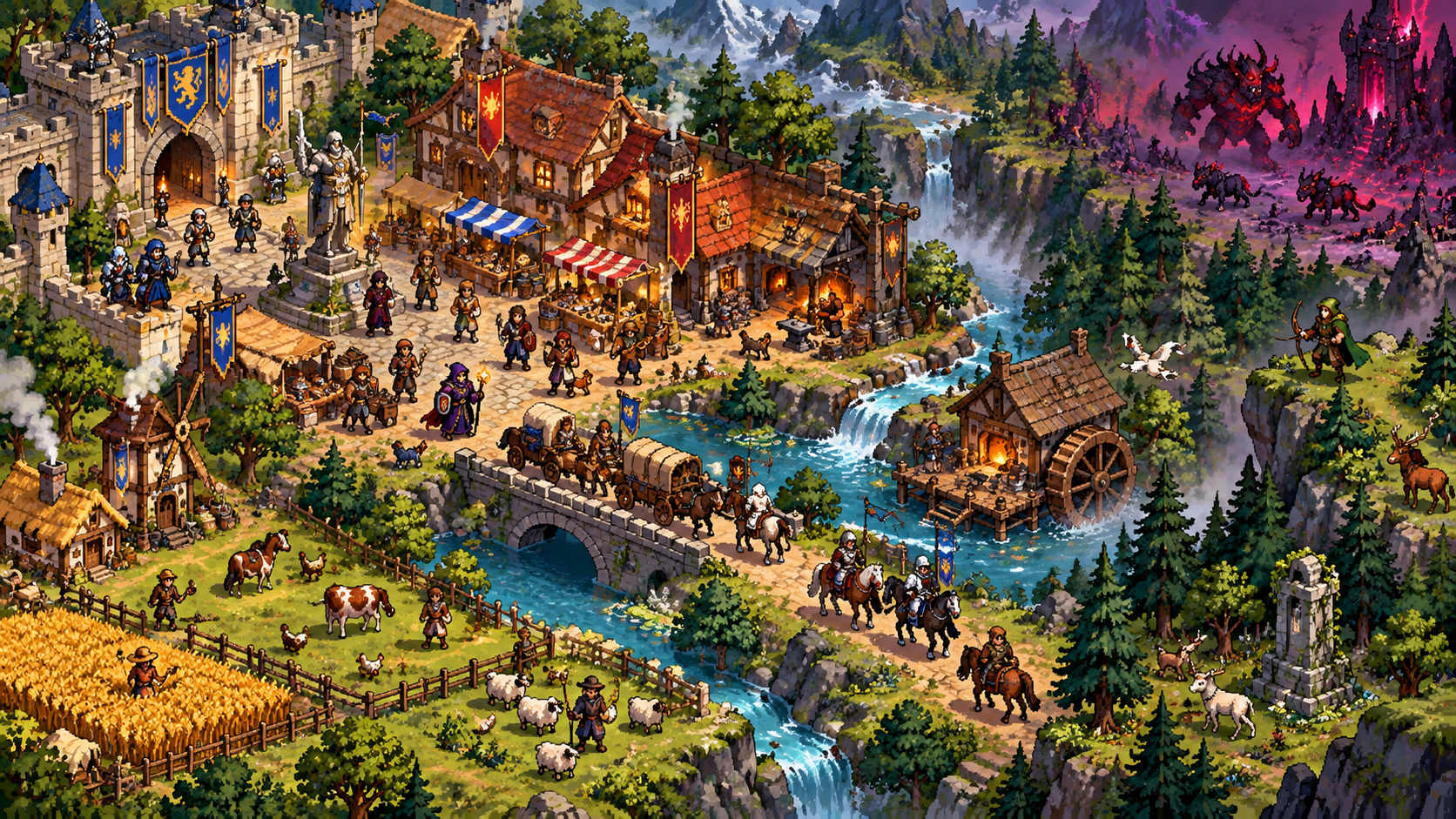 A collection of fantasy settlements, characters, farms, and landmarks