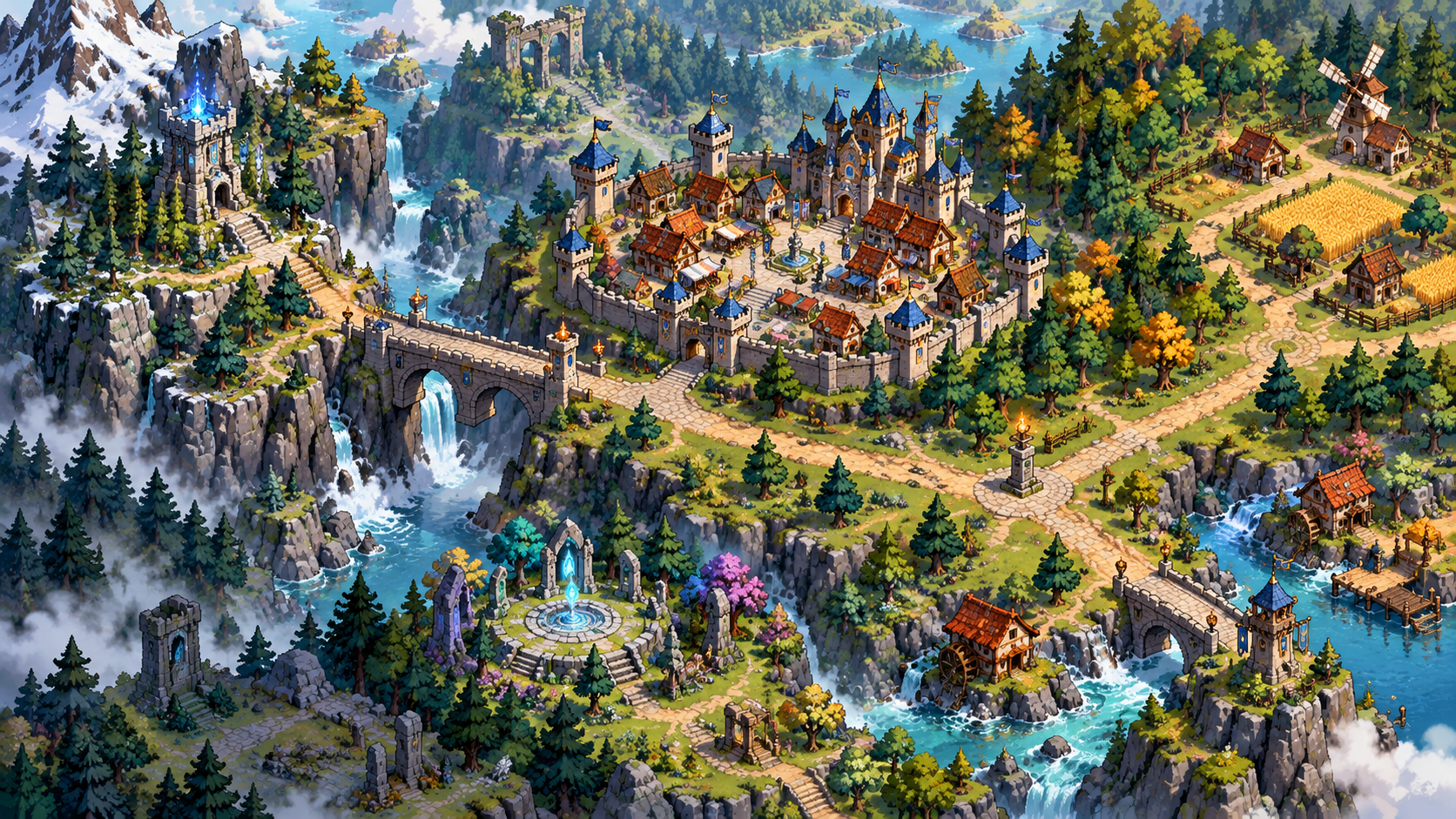 A wide fantasy landscape with settlements, roads, mountains, and coastline